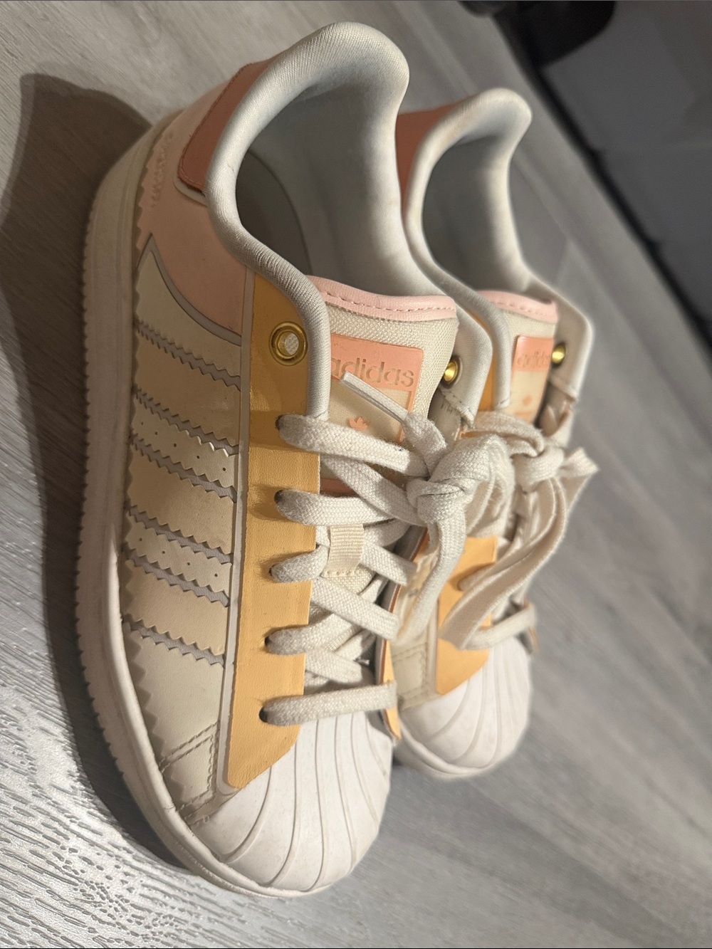 adidas White Leather Shell-Toe Sneakers with Pink & Yellow Accents